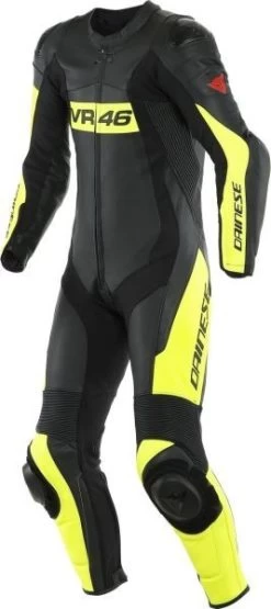 Dainese VR46 Tavullia Leather 1-PC Suit Perf. Black Yellow - Motorpakken - Kleding